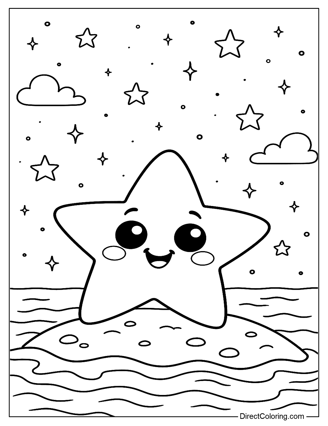 Starfish coloring page looking up at the starry night sky, cute style